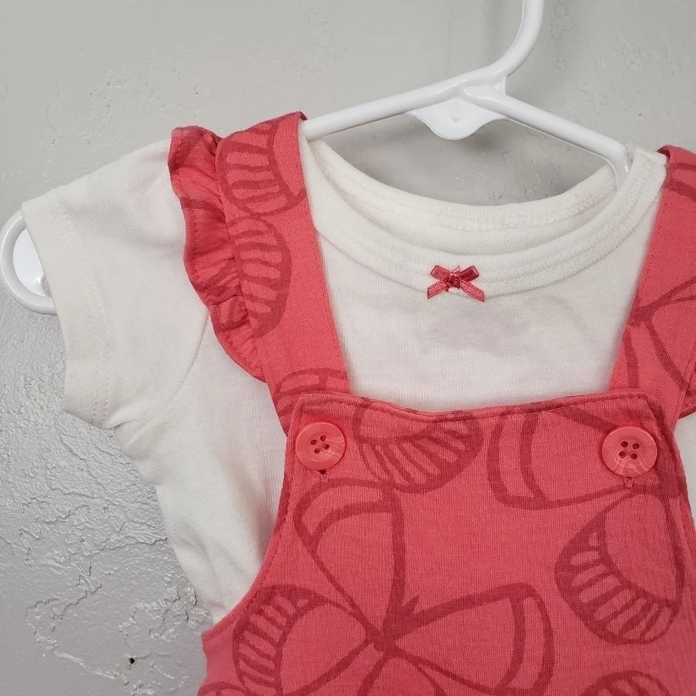Carter's NWT Baby Girl 3 Month Outfit Pink Butterfly Overalls White Ribbed Top - Picture 2 of 5